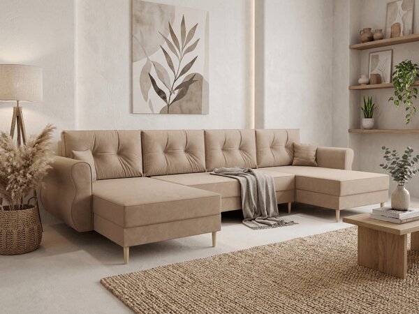 Bež raztegljiva sedežna garnitura v obliki U SILVIANO, 300x140 cm + 2 blazini GRATIS