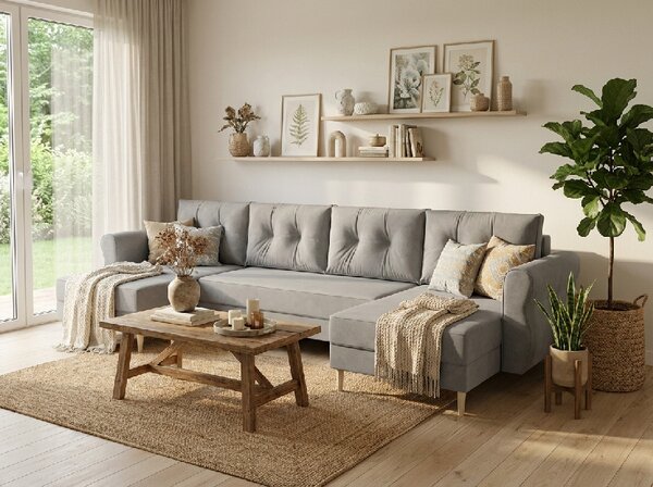 Siva raztegljiva sedežna garnitura v obliki U SILVIANO, 300x140 cm + 2 blazini GRATIS