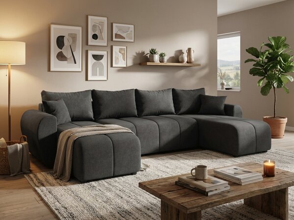 Temno siva raztegljiva sedežna garnitura v obliki U SEVIO, 311x145 cm, obojestranska + 2 blazini GRATIS