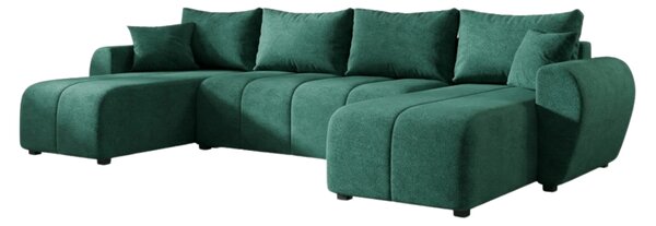 Temno zelena raztegljiva sedežna garnitura v obliki U SEVIO, 311x145 cm, obojestranska + 2 blazini GRATIS