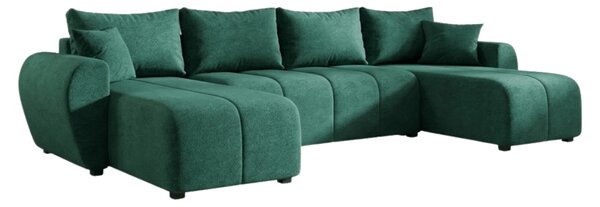 Temno zelena raztegljiva sedežna garnitura v obliki U SEVIO, 311x145 cm, obojestranska + 2 blazini GRATIS