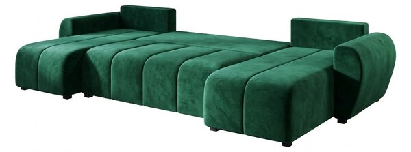 Temno zelena raztegljiva sedežna garnitura v obliki U SEVIO, 311x145 cm, obojestranska + 2 blazini GRATIS