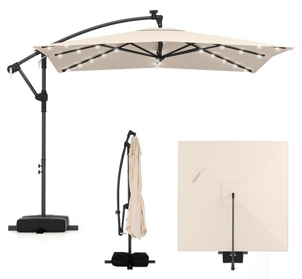 Senčnik s stojalom, solarna LED svetila , 81 cm, vrtljiv 360 stopinj, križno podnožje, bež