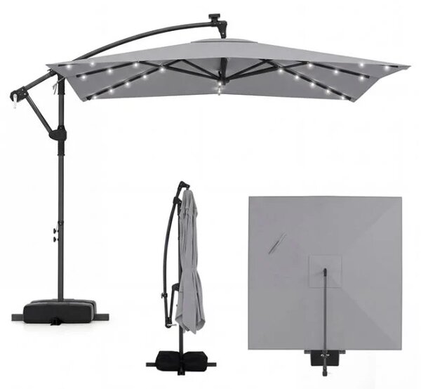 Senčnik s stojalom, solarna LED svetila, 81 cm, vrtljiv za 360 stopinj, ročica, križno podnožje, barva siva