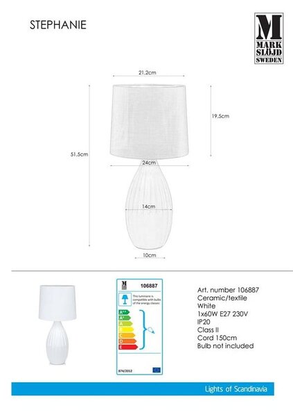 Bela namizna svetilka Markslöjd Stephanie, ø 24 cm