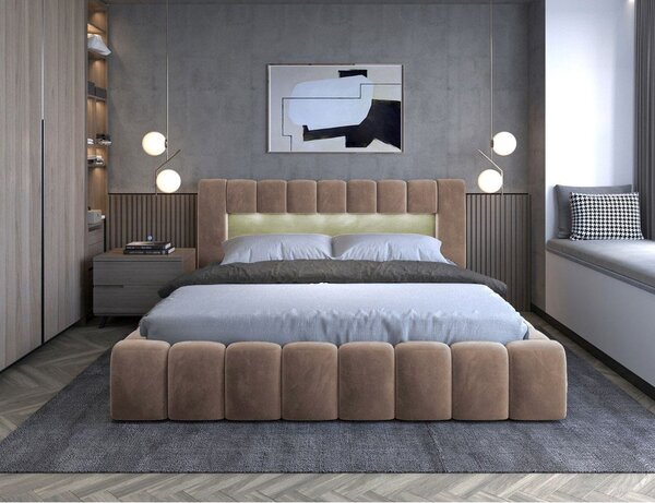 Svetlo rjava oblazinjena zakonska postelja s prostorom za shranjevanje in z letvenim dnom 180x200 cm Lamica – ELTAP