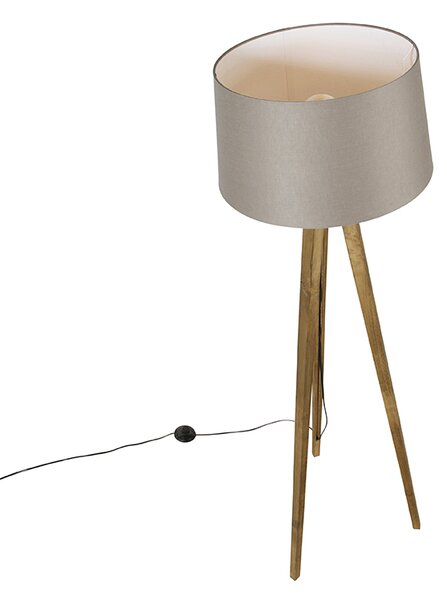 Rustikalna stoječa svetilka s tripodom iz vintage lesa s platnenim odtenkom taupe 45 cm - Tripod Classic