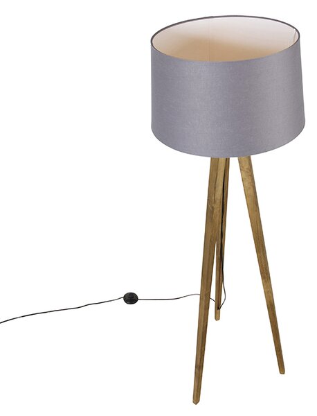 Rustikalna stoječa svetilka s tripodom iz vintage lesa s platnenim odtenkom temno sive barve 45 cm - Tripod Classic