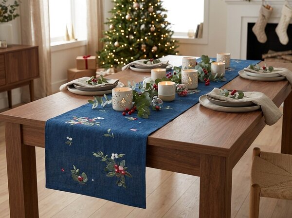 Božični tekač za mizo WINTER BERRIES 40x150 cm, temno moder