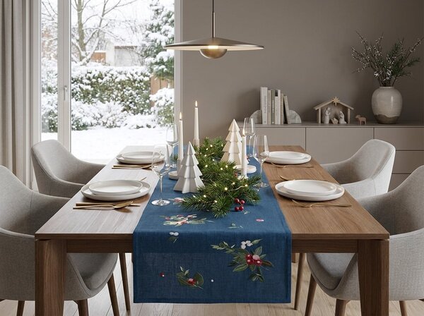 Božični tekač za mizo WINTER BERRIES 40x150 cm, temno moder
