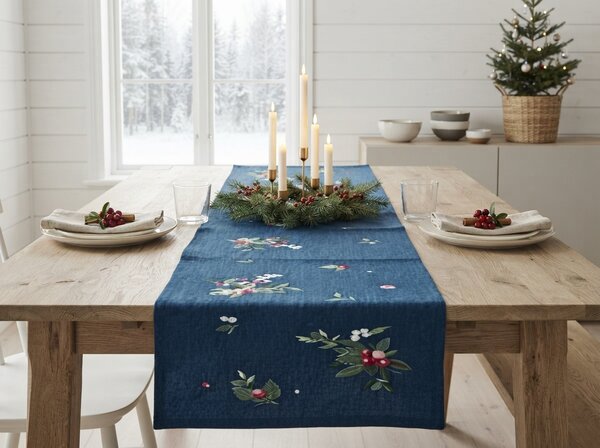 Božični tekač za mizo WINTER BERRIES 40x150 cm, temno moder
