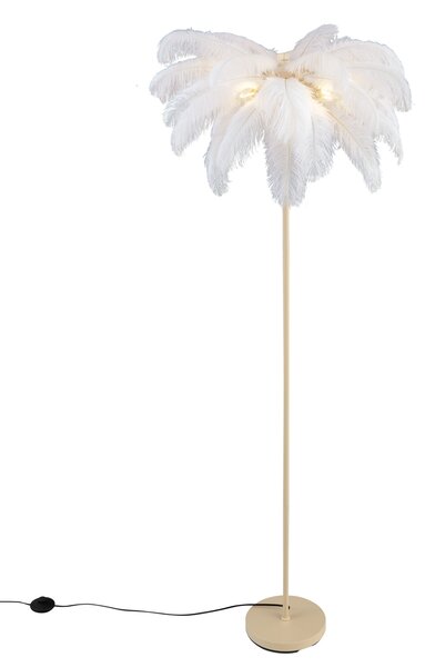 Art Deco stoječa svetilka bež z belim perjem - Peahen