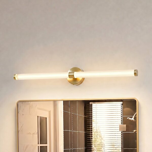 Lucande LED stenska svetilka Melisa, zlata, 90 cm, CCT, IP44, Zlata / medeninasta, Kopalnica, Steklo, Sodobni