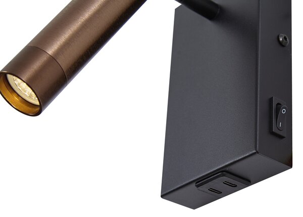 Moderna stenska svetilka črna s temno bronasto nastavljiva z USB-C - Croft