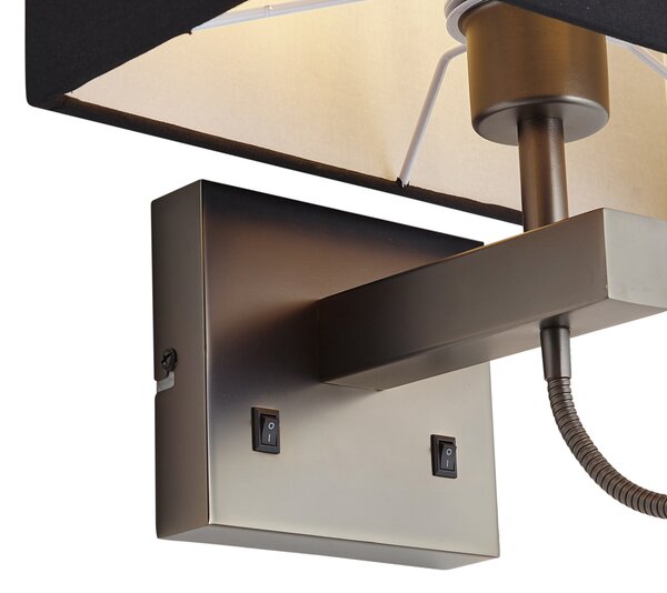 Moderna stenska svetilka gunmetal s črnim senčilom in bralno roko vklj. LED - Bergamo