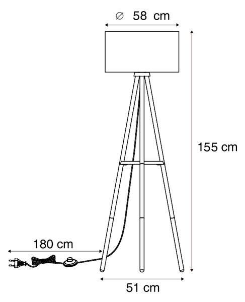 Lesena stoječa svetilka s stativom z belo in bež črtasto senčilo 50 cm - Lou