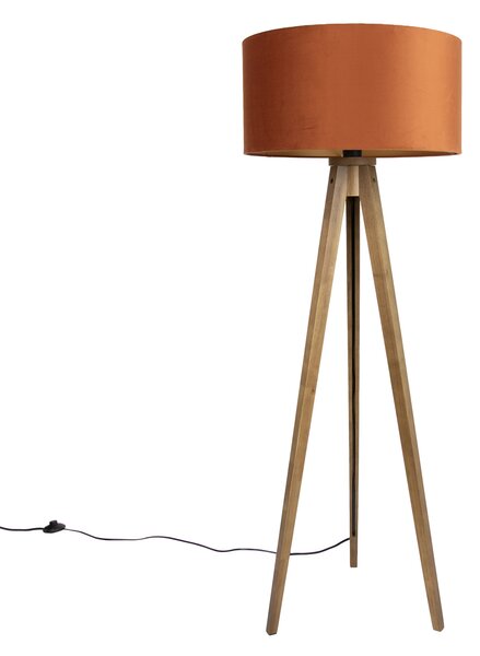 Lesena stoječa svetilka z oranžnim senčilom in zlatim interierjem 50 cm - Tripod Classic