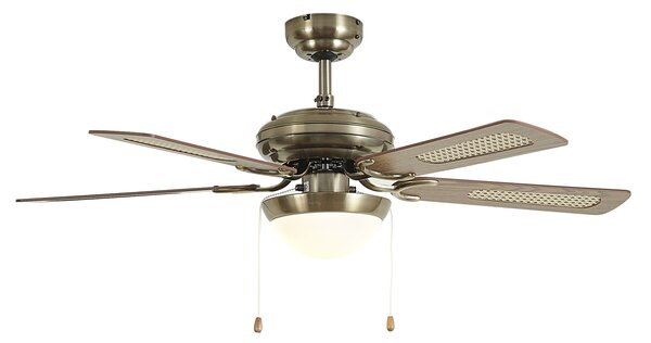 Stropni ventilator medenina z lesnim potiskom in ratanom 105 cm s poteznim stikalom - Mistral Majas