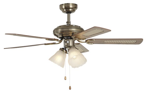 Medeninasti stropni ventilator z lesnim potiskom in ratanom 105 cm z vlečnim stikalom - Mistral Lia
