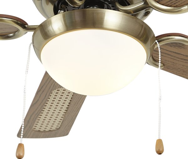 Stropni ventilator medenina z lesnim potiskom in ratanom 105 cm s poteznim stikalom - Mistral Majas