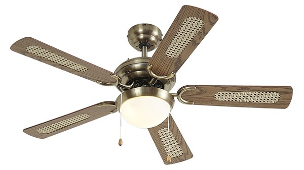 Stropni ventilator medenina z lesnim potiskom in ratanom 105 cm s poteznim stikalom - Mistral Majas