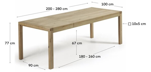 Raztegljiva jedilna miza z dodatno ploščo v hrastovem dekorju 100x200 cm Briva – Kave Home