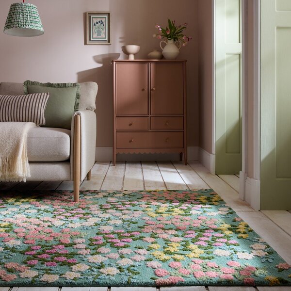 Mentolno zelena ročno tkana volnena preproga 200x290 cm Emilia Floral – Flair Rugs