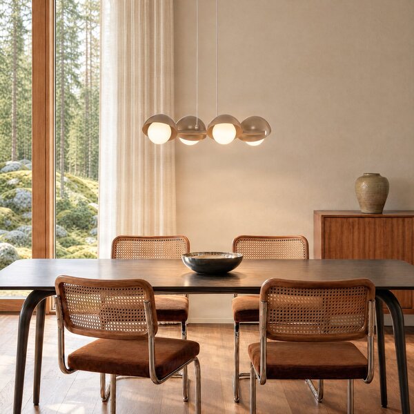 EMIBIG LIGHTING Visoka svetilka Boom 4, bež, steklo/jeklo, dolžina 60 cm, zatemnjen, Bež, Dnevna soba / jedilnica, Kovina, Sodobni