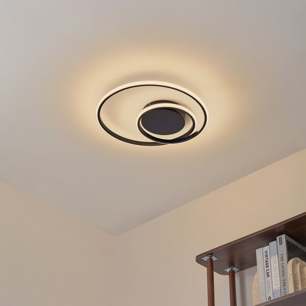 Lindby LED stropna svetilka Kyron, črna, aluminij, možnost zatemnitve, Ø45cm, zatemnjen, Črna, Dnevna soba / jedilnica, Aluminij, Sodobni