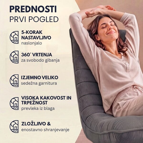 Ležalnik ABERDEEN CORD, rebrast prevleka, 87×60×105 cm, siva Casaria