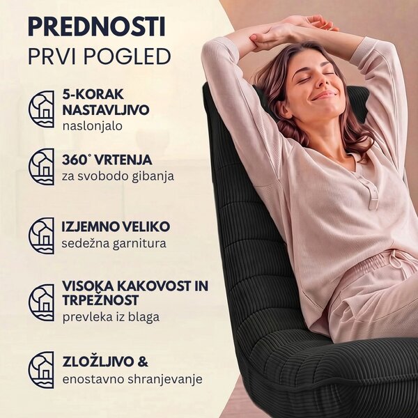 Ležalnik ABERDEEN CORD, rebrast prevleka, 87×60×105 cm, črna Casaria