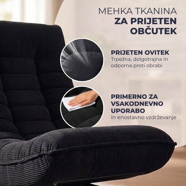 Ležalnik ABERDEEN CORD, rebrast prevleka, 87×60×105 cm, črna Casaria