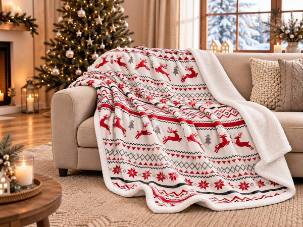 Božična bela ovčja odeja iz mikropliša RETRO CHRISTMAS Dimenzije: 200 x 220 cm