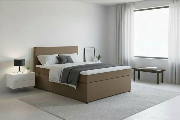 BOXSPRING POSTELJA 140 cm x 200 cm , tekstil, leseni material peščene barve
