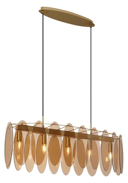 Art Deco viseča svetilka zlata z ovalnim jantarjevim steklom 5-Lights - Mochan