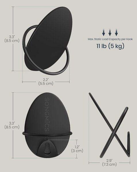 Stenski kavlji za obešanje plaščev, vsaka drži do 5 kg, črna | SONGMICS