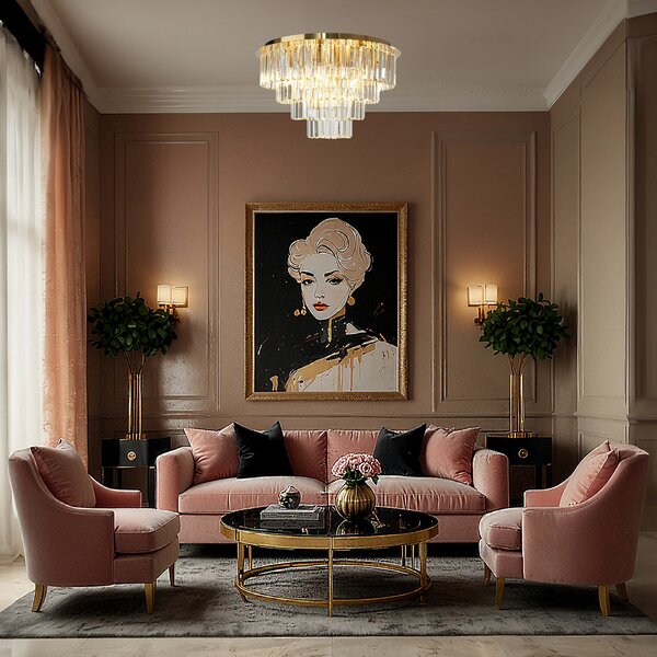 Milagro Lighting Stropna svetilka Milano, Ø 60 cm, zlata/kristalna, steklo, 9 x E14, Zlata / medeninasta, Dnevna soba / jedilnica, Steklo