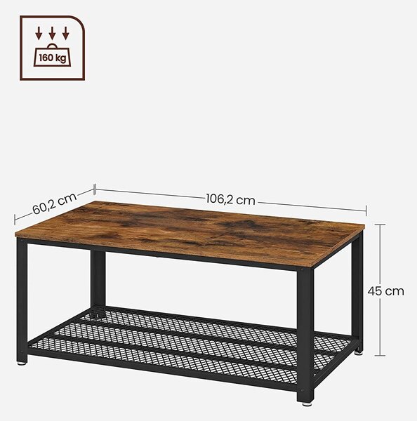 Klubska mizica z rešetkasto polico 106,2 x 45 x 60,2 cm rustikalno rjava | VASAGLE