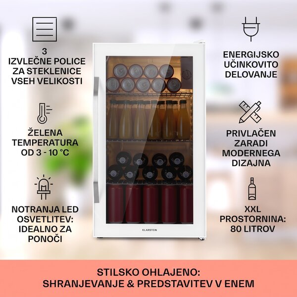 Klarstein Beersafe XXL Quartz, hladilnik, 80 litrov, 3 police, panoramska steklena vrata, nerjaveče jeklo