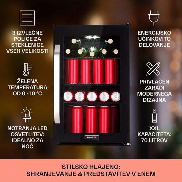 Klarstein Beersafe 70, Birra Edition, hladilnik, 70 litrov, panoramska steklena vrata, nerjaveče jeklo