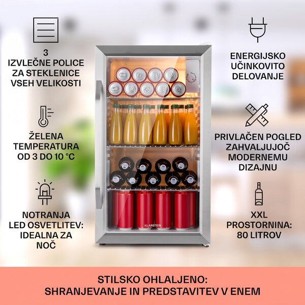 Klarstein Beersafe M Crystal White, hladilnik, 80 litrov, 3 police, panoramska steklena vrata, nerjaveče jeklo