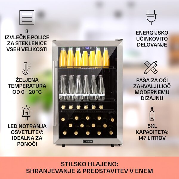Klarstein Beersafe 5XL, hladilnik, 147 litrov, 3 police, panoramska steklena vrata, nerjaveče jeklo
