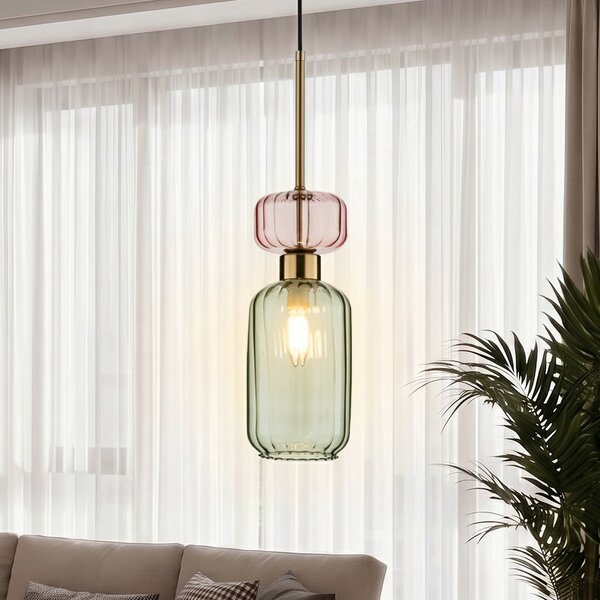 Milagro Lighting Visoka svetilka Molly, zelena/zlata, 1-žarek, steklo, Ø 12 cm, zatemnjen, Zelena, Dnevna soba / jedilnica, Steklo, Sodobni