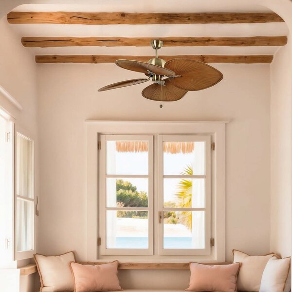 FARO BARCELONA Stropni ventilator Cuba L, premer 132 cm, štiriperesni, starinsko zlata barva, Zlata / medeninasta, Dnevna soba / jedilnica, Plastika