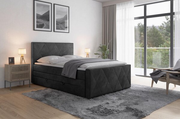 BOXSPRING POSTELJA 140 cm x 200 cm , les, kovina, umetna masa, tekstil črna
