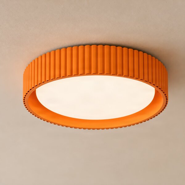Lindby LED-stropna svetilka Colbie, oranžna z rebri, Ø 46 cm, možnostjo, zatemnjen, Oranžna, Dnevna soba / jedilnica, Kovina, Mladostno bivanje