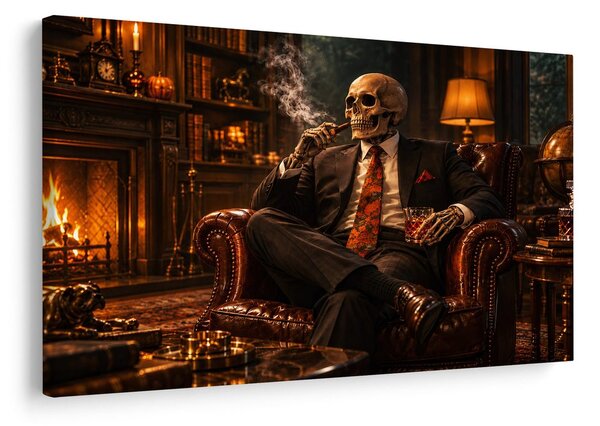 Slika okostnjak v naslanjaču s cigaro