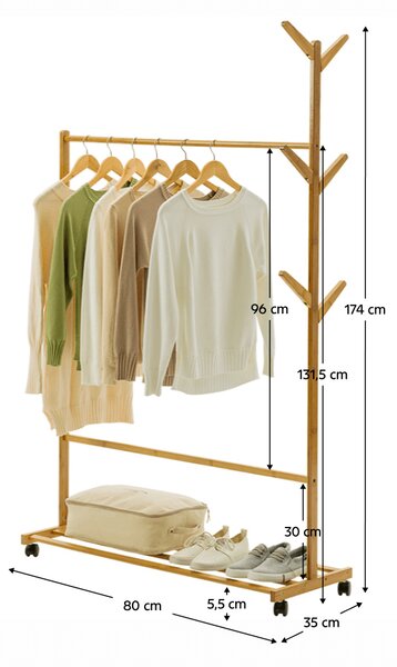 KONDELA Premično stojalo za oblačila, bambus, širina 80 cm, VIKIR tip 2
