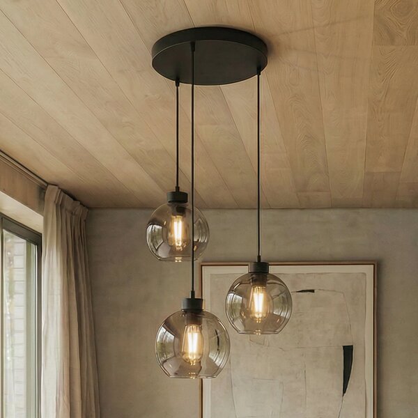 TK Lighting Obesek Cubus, Ø 50 cm, 3-svetlobni, dimno siva, steklo, zatemnjen, Siva, Dnevna soba / jedilnica, Steklo, Sodobni