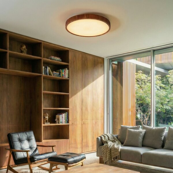 Lindby LED stropna svetilka Velua, bela/temno les, CCT, Ø 50 cm, zatemnjen, Les, Dnevna soba / jedilnica, Les, Sodobni